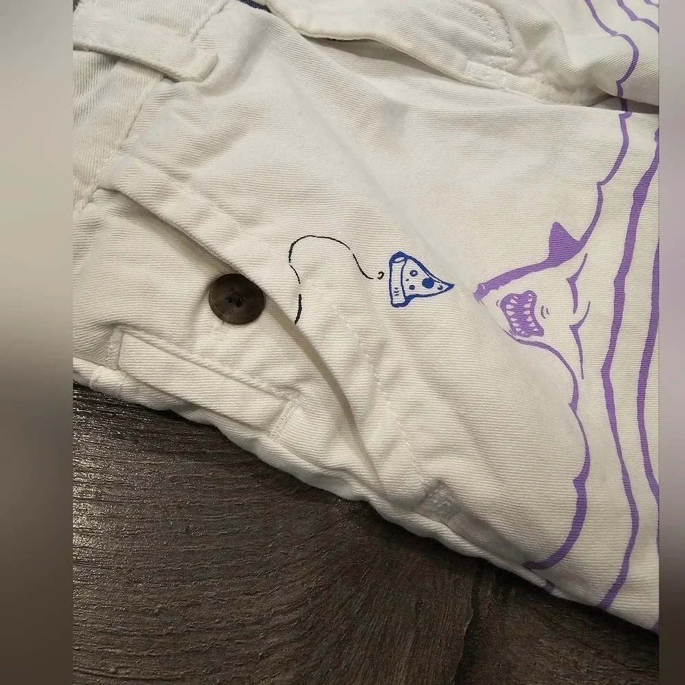 Kid's sz 6 White Denim Shark Pizza‎ Graphic Striped Chino Shorts Animal Beach